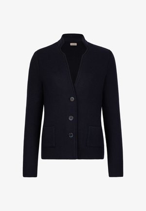 Marineblauer, strukturierter Cardigan ohne Kragen, mit drei Knöpfen und zwei vorderen Taschen. Glattes Material mit atmungsaktivem Gewebe.