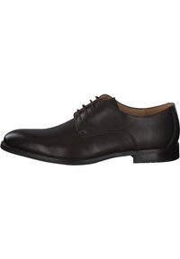 Braune Lederschuhe mit glatter Oberfläche, runder Zehenform und Schnürung mit fünf Ösen. Flache Gummisohle mit minimalem Profil.