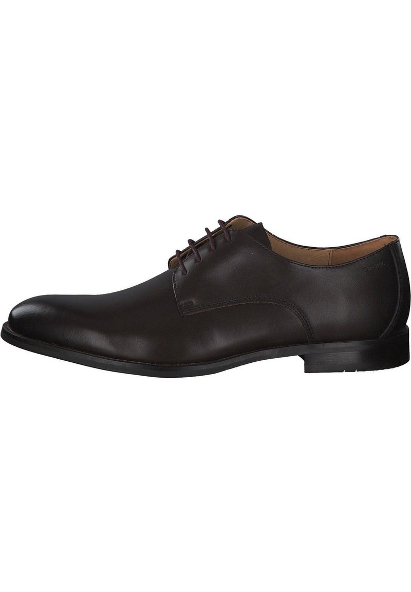 Braune Lederschuhe mit glatter Oberfläche, runder Zehenform und Schnürung mit fünf Ösen. Flache Gummisohle mit minimalem Profil.