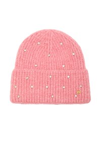 Rosa stickad mössa med ribbat mönster, prydd med utspridda rhinestones och en liten gul logotagg på sidan.