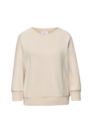 Sudadera color crema con cuello redondo, mangas raglán y puños acanalados. Textura suave y diseño minimalista, sin patrones.