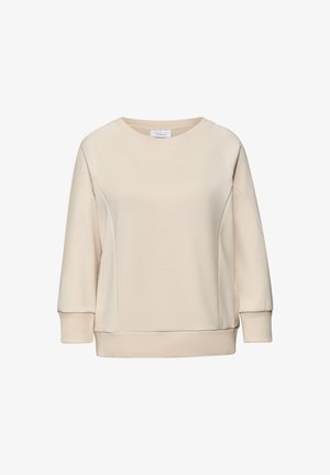 Cremefarvet sweatshirt med rund halsudskæring, raglanærmer og ribstrikkede manchetter. Glat tekstur og minimalistisk design uden mønstre.