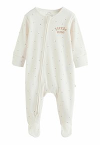 Białe prążkowane body dla niemowląt z granatowymi kropkami, zapinane z przodu na zamek, z długimi rękawami i napisem „little one” w delikatnym różu.