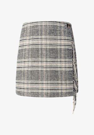 Rutet mini nederdel i grå, hvid og subtil pink, lavet af tekstureret stof; har en sidebinding og en knapdetalje.