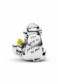 Charms aus Sterlingsilber in Form eines Bären, mit rosafarbenen und gelben Akzenten, und der eingravierten text: "Du bist mir so kostbar."