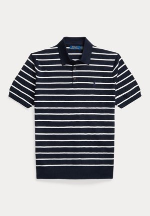 Navy blue polo shirt with white horizontal stripes, short sleeves, two-button placket, and small embroidered logo on the chest.