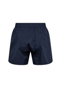 Námorně modré boxerky s vertikálními bílými pruhy, elastickým pasem a volným střihem. Hladká tkanina s prodyšnou strukturou.