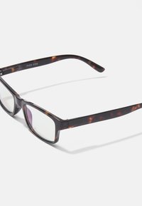 Ochelari cu model țestoasă, cu lentile dreptunghiulare și un design subțire al templelor, fabricați din plastic lucios, având lentile clare.