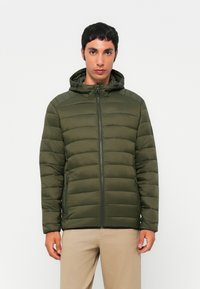Olive green puffer jacket with a hood, quilted texture, full-length zipper, and two side pockets; smooth, lightweight material.