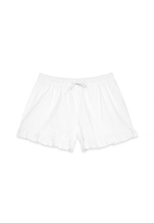 Weiße Baumwollshorts mit einem Rüschensaum, ausgestattet mit einem elastischen Bund und einem Kordelzug für eine verstellbare Passform. Angenehme Textur und leichtes Design.