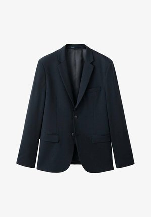 Granatowa marynarka wykonana z gładkiej tkaniny, z klapami z wycięciem, dwoma przednimi kieszeniami oraz zapięciem na dwa guziki. Pojedyncze rozcięcie z tyłu.