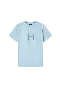T-shirt en coton bleu clair avec manches courtes, col rond, arborant un grand logo "H" gris et le texte "HACKETT" en dessous. Texture lisse.