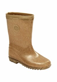 Lasten kultainen kimaltava sadetakki, jossa on aaltoileva yläreuna ja kohokuvioitu pyöreä logo sivulla.