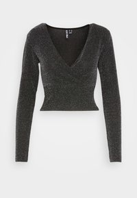 Svart långärmad topp med djup V-ringning och figurnära design. Tillverkad av textil med glittrig struktur, med en åtsittande midja.