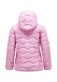 Giacca acolchita rosa con design trapuntato a motivi ondulati, cappuccio e polsini elasticizzati. Il tessuto appare liscio e leggermente lucido.