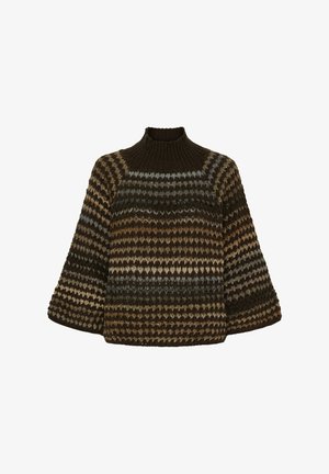 Striktrøje med høj krave, der har et geometrisk mønster i mørkebrun, grøn, beige og blå nuancer. Løse, brede ærmer.