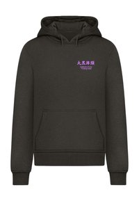 Mørkegrå hoodie lavet af blødt materiale med en frontlomme. Har lilla tekst: "大黒摩季" og "Daikoku Futo Tuning Club." Klassisk design med justerbar hætte.