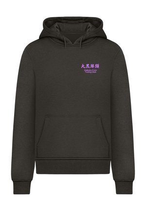 Dark gray hoodie made of soft material with a front pocket. Features purple text: "大黒摩季" and "Daikoku Futo Tuning Club." Classic design with adjustable hood.