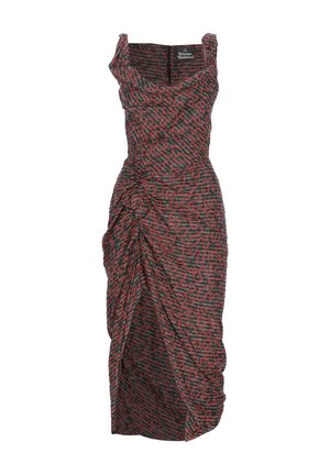 Abito nero senza maniche con arricciature, motivo astratto a spirale rossa e scollo quadrato di Vivienne Westwood.