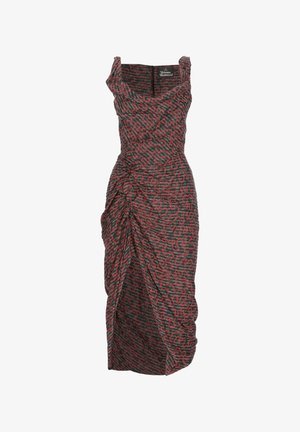 Abito nero senza maniche con arricciature, motivo astratto a spirale rossa e scollo quadrato di Vivienne Westwood.