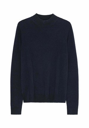 Námořnický modrý svetr vyrobený z jemné pleteniny, s ribovaným kulatým výstřihem a manžetami, dlouhými rukávy a jednoduchým texturovaným designem.