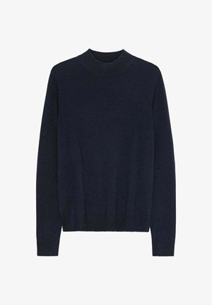 Donkerblauwe trui van zacht gebreid materiaal, met een geribde ronde hals en manchetten, lange mouwen en een eenvoudige textuur.