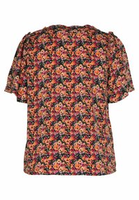Blusa a maniche corte con motivo floreale, con fiori arancioni, rosa e rossi su sfondo scuro, mostrata da dietro.