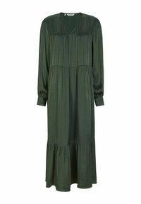 Robe longue verte en tissu lisse. Présente un décolleté en V, une taille froncée, des manches longues et un ourlet à volants.