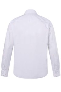 Weißes langärmliges Hemd von hinten gesehen, mit schlichtem Design, geknöpften Manschetten und klassischem Kragen.
