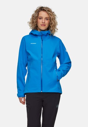 Blå vattentät jacka med en figurnära design, justerbar huva och framzip. Har handledsmuddar och två sidofickor.