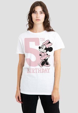 White cotton t-shirt featuring a graphic of a cartoon character in pink with "5TH BIRTHDAY" text in pink, showcasing a simple crew neck design.
