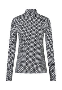 Langärmliges Rollkragenoberteil im schwarz-weißen geometrischen Muster. Hat eine taillierte Form und eine weiche Textur, mit einem hohen Kragen.