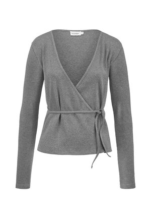 Maglione grigio a forma di involucro realizzato in tessuto a costine, con maniche lunghe, scollo a V profondo e vita con lacci per una vestibilità regolabile.