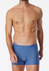 Boxer da uomo a righe blu realizzati in un tessuto morbido, con linee verticali e una vestibilità aderente, dotati di un girovita ben definito.