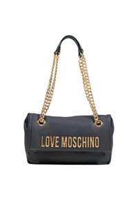 Borsa a tracolla in finta pelle nera con accenti in catena dorata e la scritta "LOVE MOSCHINO" in lettere dorate sulla parte anteriore. Forma strutturata e tondeggiante.