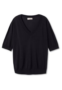 Černý pletený svetr s krátkým rukávem, se výstřihem do V a žebrovanými manžetami a lemem. Hladká textura s uvolněným střihem, navržený pro pohodlí.