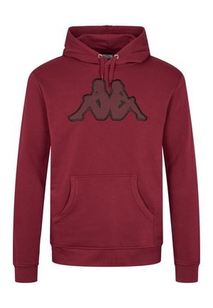 Sudadera color marrón oscuro hecha de tela suave, con un bolsillo frontal tipo canguro, capucha con cordón, y un gráfico de logo negro en el pecho.