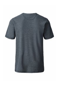 Camiseta de manga corta, cuello redondo en gris oscuro, de tejido texturizado con un patrón sutil, con dobladillo recto y sin logotipos visibles.