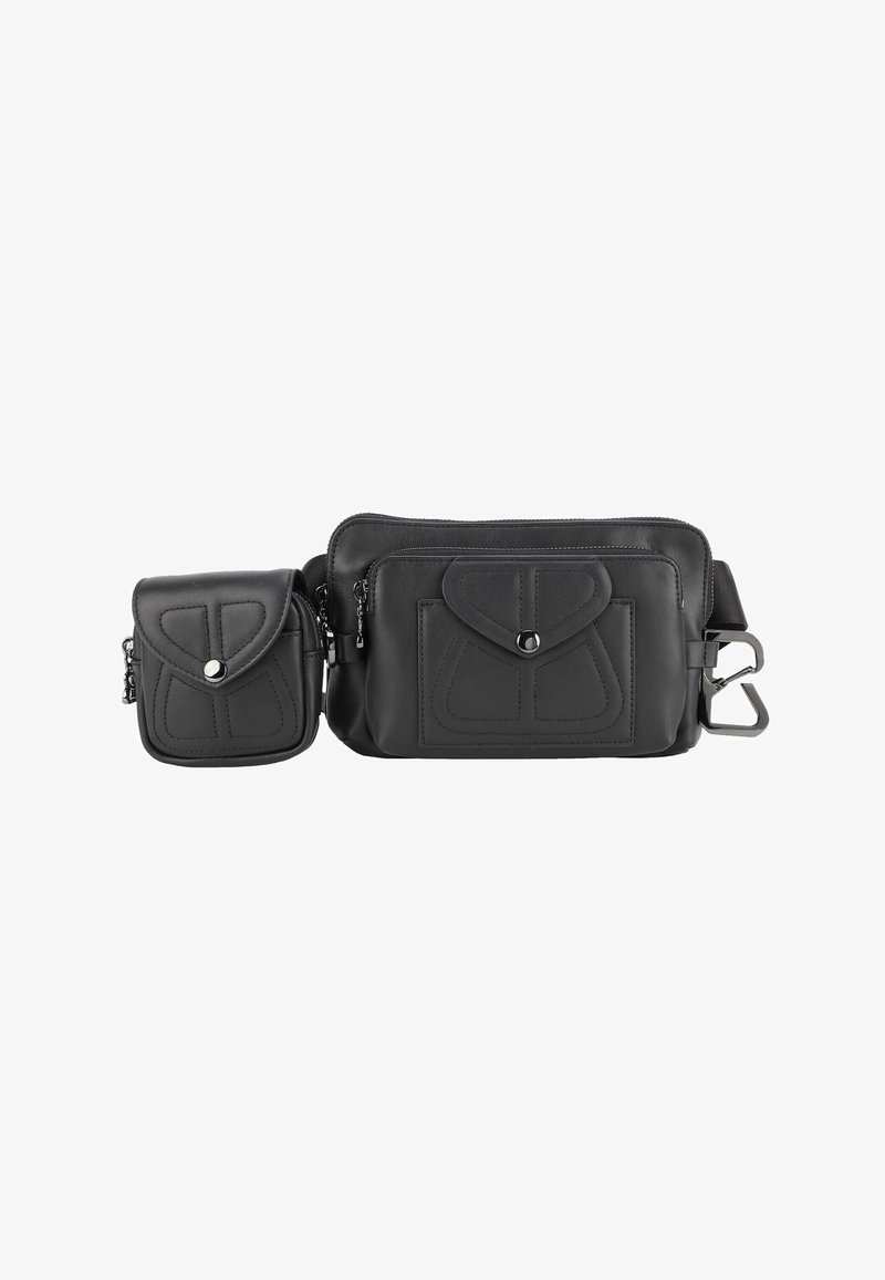 Černá kožená crossbody taška s odnímatelnou menší taškou. Obsahuje texturovaný design, zipové kapsy a hardware ve stříbrném odstínu.