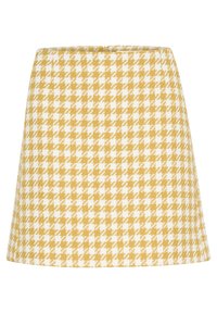 Krilo z rumenim in belim houndstooth vzorcem, razširjenega kroja, teksturirane tkanine, do kolen, z zadrgo na hrbtni strani in preprostim zaključkom šivov.