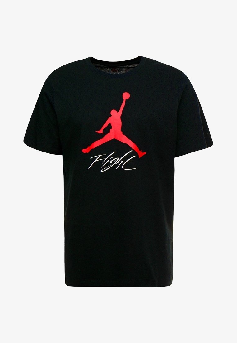 Černé bavlněné tričko s velkým červeným logem Jumpman a bílým nápisem "Flight" napsaným skriptovým písmem na přední straně. Krátké rukávy, kulatý výstřih.