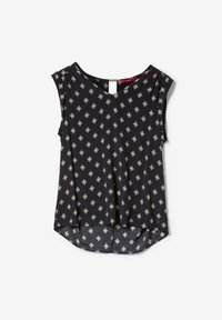Blusa senza maniche nera con motivo a rombi bianchi, scollatura rotonda e orlo asimmetrico. Tessuto leggero con leggero lucido.
