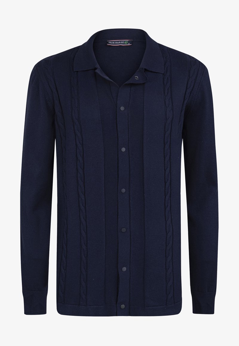 Námořnický modrý pletený cardigan s knoflíkovou přední částí, designem copánkového pletení, dlouhými rukávy, límcem a žebrovanými manžetami a lemem.