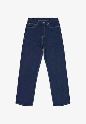 Mørkeblå denimjeans med lige ben. Har fem lommer, orange syninger og en knaplukning i taljen.