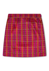 Geblokte rok in levendige roze, oranje en gele tinten. Heeft plooien, een rechte pasvorm en een tailleband met een gladde textuur.