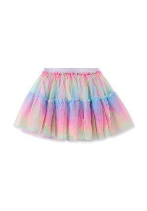 Gonna in tulle con un gradiente multicolore di rosa, blu e verde. Presenta una vita arricciata e strati arruffati. Textura scintillante.