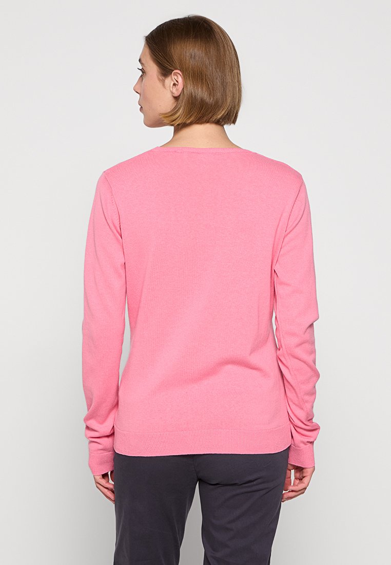 Maglione rosa a maniche lunghe con design a girocollo, realizzato in tessuto morbido, mostrato da dietro con polsini e orlo a costine.