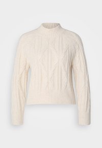 Pull tricoté de couleur crème avec un col montant, un motif torsadé, des manches longues, et des poignets et ourlet côtelés.