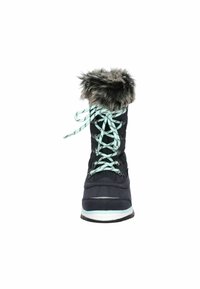 Botas de neve pretas e azuis com acabamento em pelúcia sintética, atacadores azul claro, parte superior acolchoada e sola de borracha espessa. Apresenta ilhós de metal e bico arredondado.
