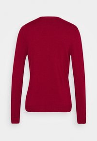 Maglione rosso a maniche lunghe con scollo tondo, tessuto morbido e polsini e orlo a costine. La vista posteriore mostra una silhouette aderente.